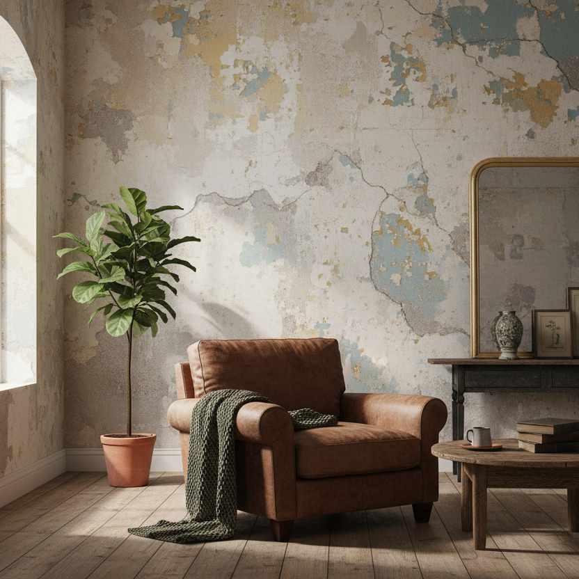 carta da parati effettu muro rovinato ambiantata formato qaidrato