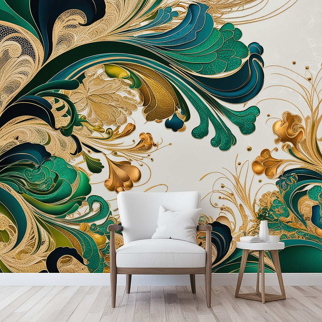 Parete decorata con carta da parati con trama oro e verde come sfondo 