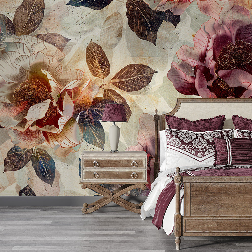 Parete decorata con carta da parati con rose rosse e sfondo beige